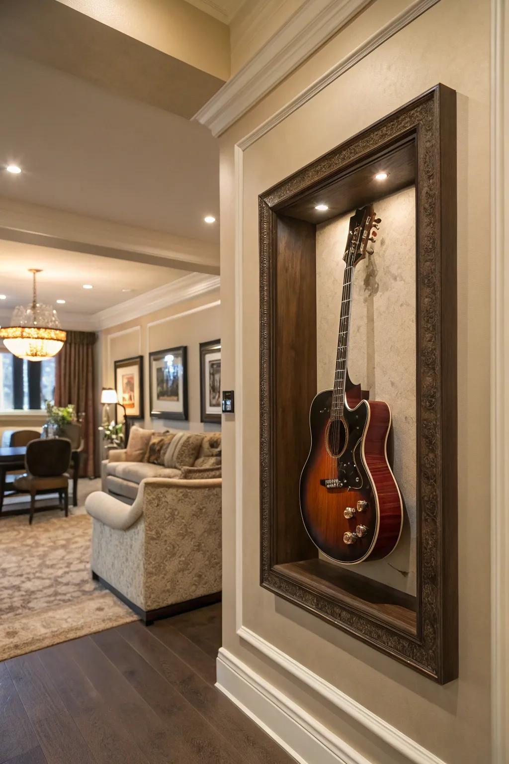 A guitar framed elegantly in a shadow box.