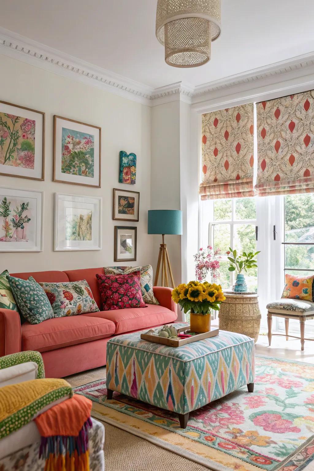 A vibrant living room featuring bespoke printed window accents.