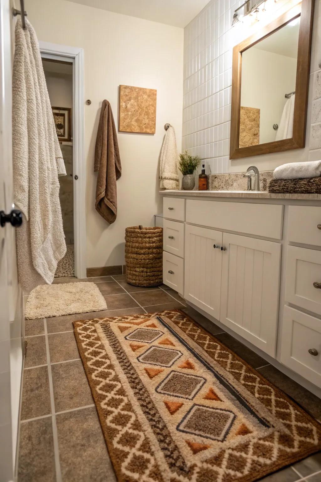 Textured accents provide warmth and contrast in a hall bathroom.