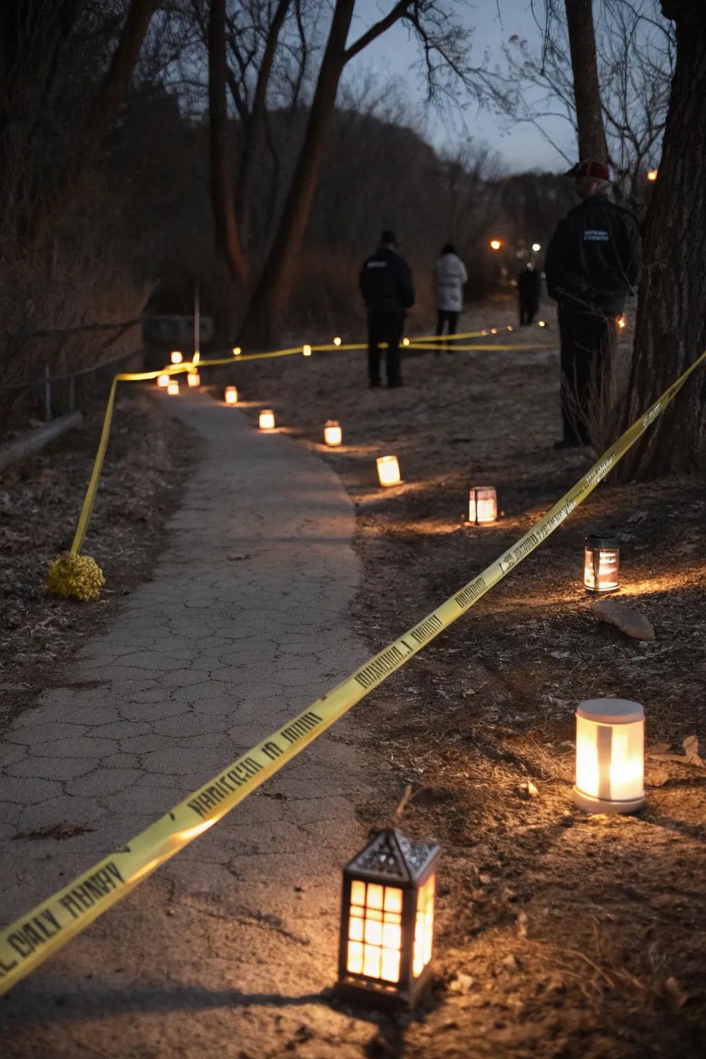 A spooky walkway marked out with warning ribbon.
