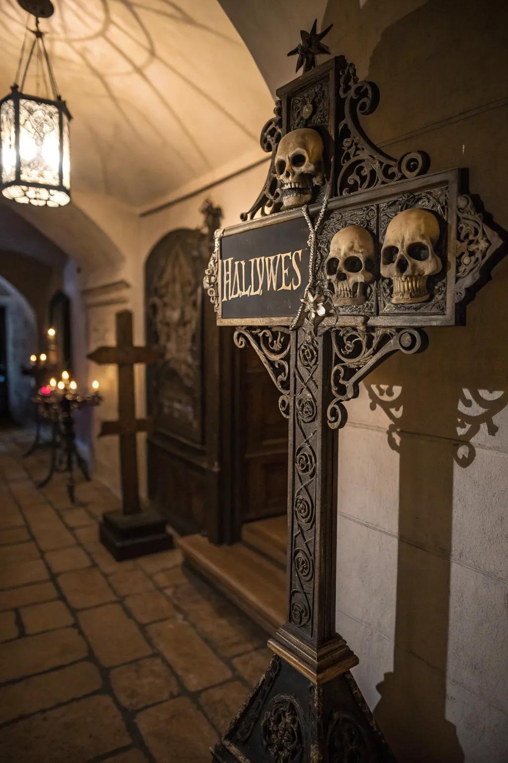 Gothic grandeur with a Halloween marker and cranium motifs.