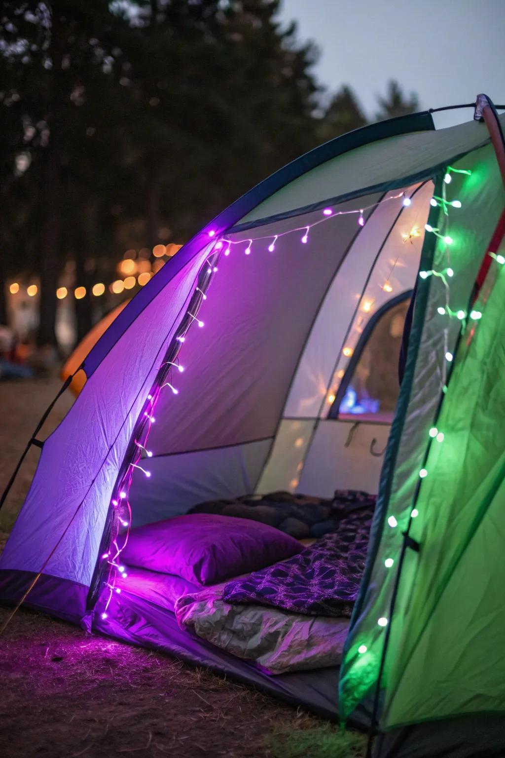 Transform your tent with mystical lighting for a magical touch.