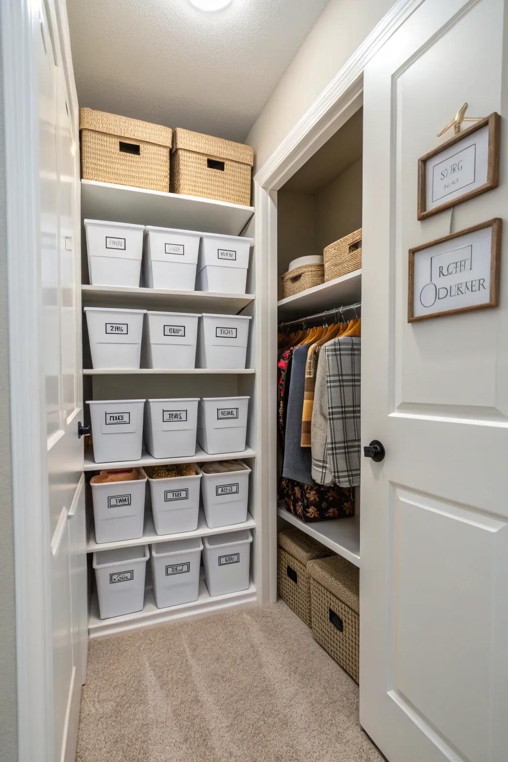 Marked bins and containers in a hallway closet for uncomplicated structuring.