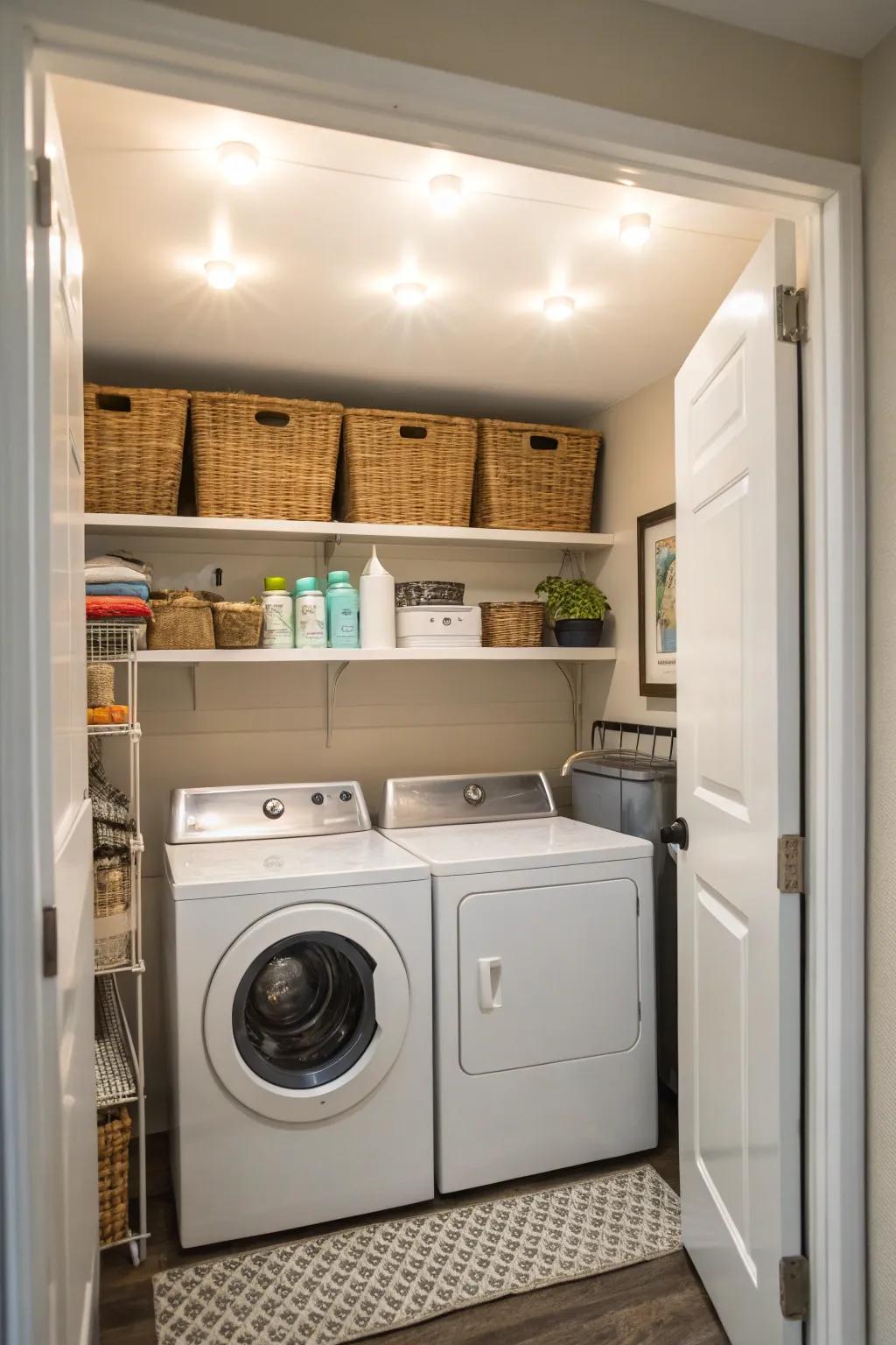 Bright lights make the laundry area welcoming.