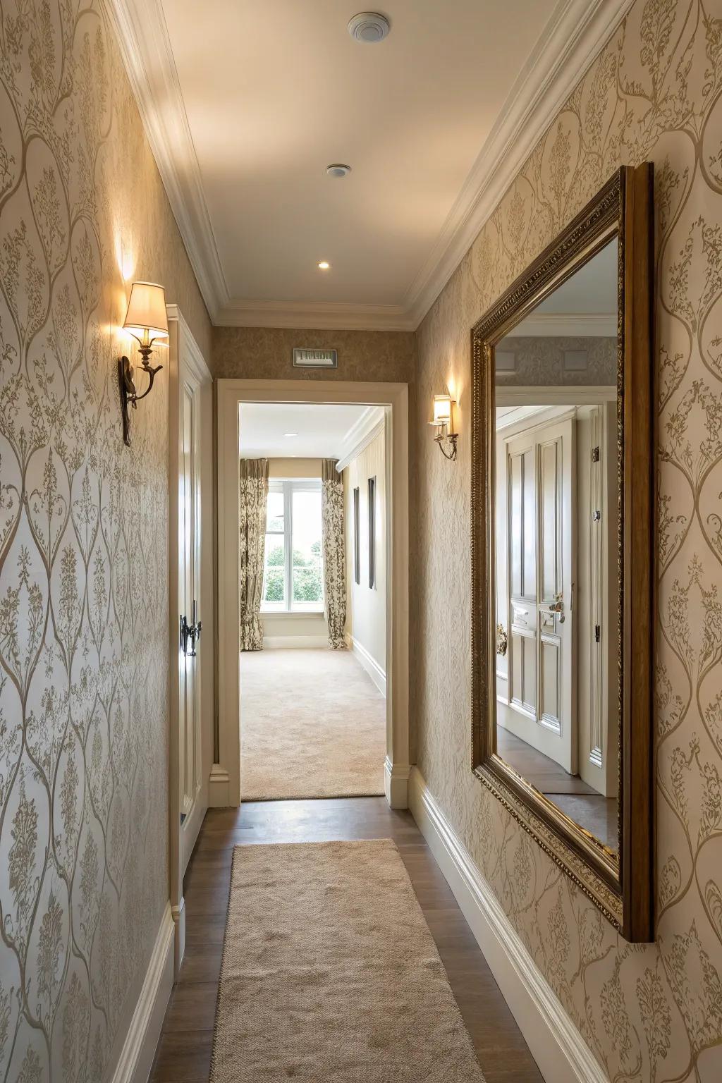 A serene corridor with calming soft-hued paper.
