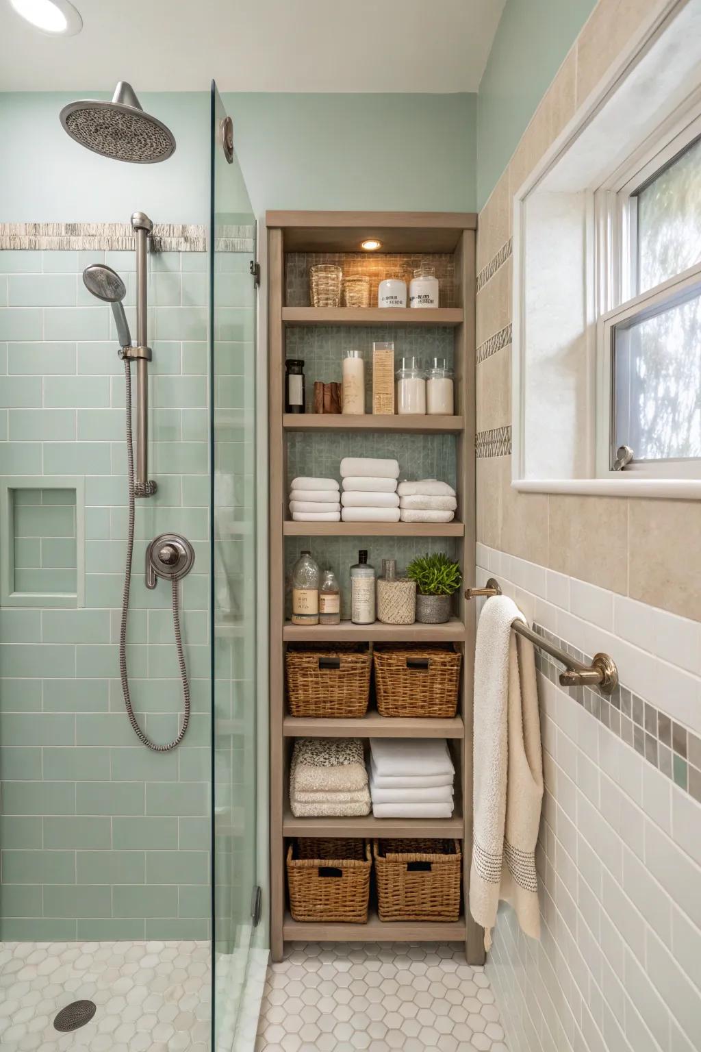 Unify practicality and panache through integrated shelving and a hand shower.