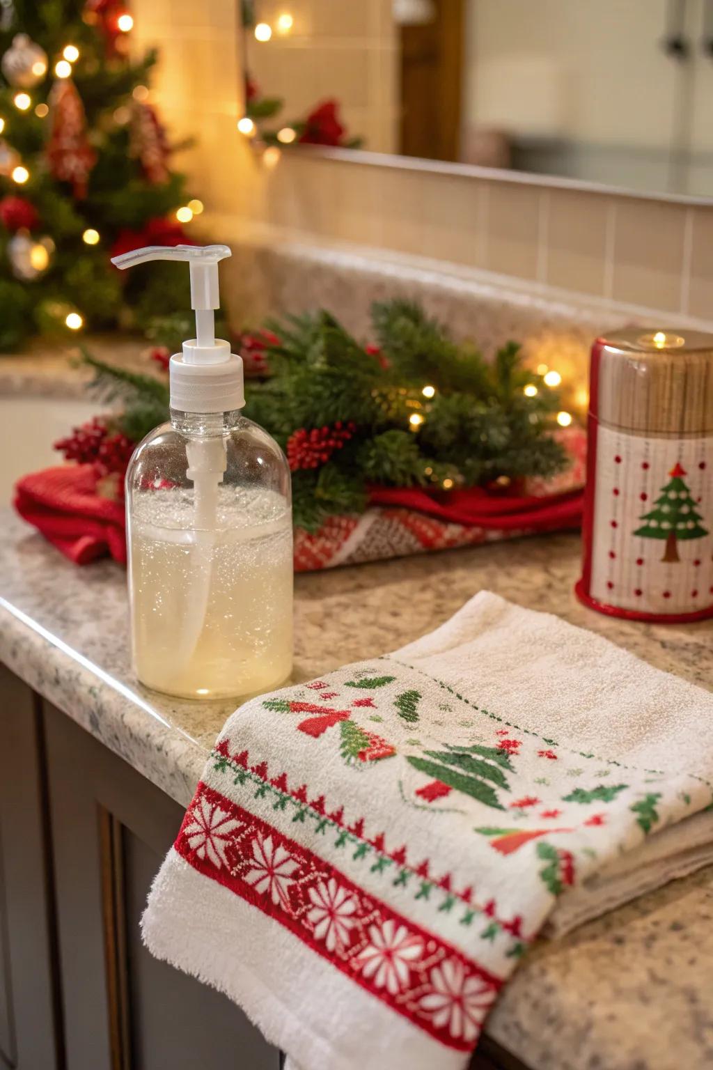 A joyful combination of hand soap and a holiday towel