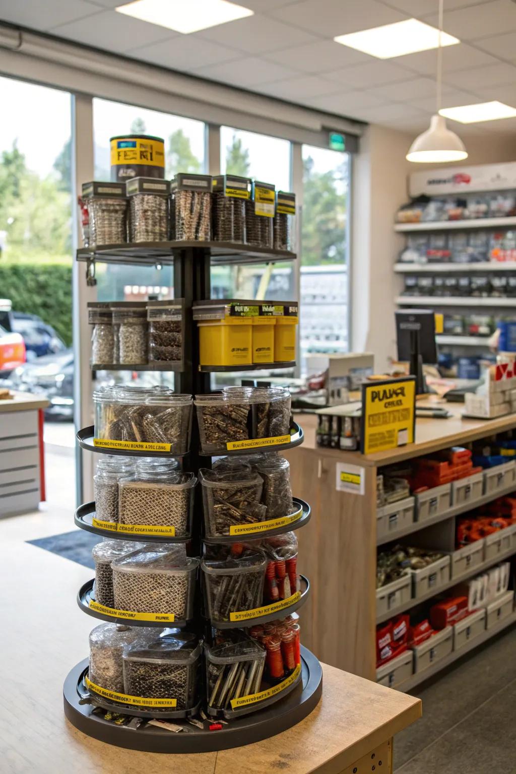 Circulating stands laden with a spectrum of petite items and implements.