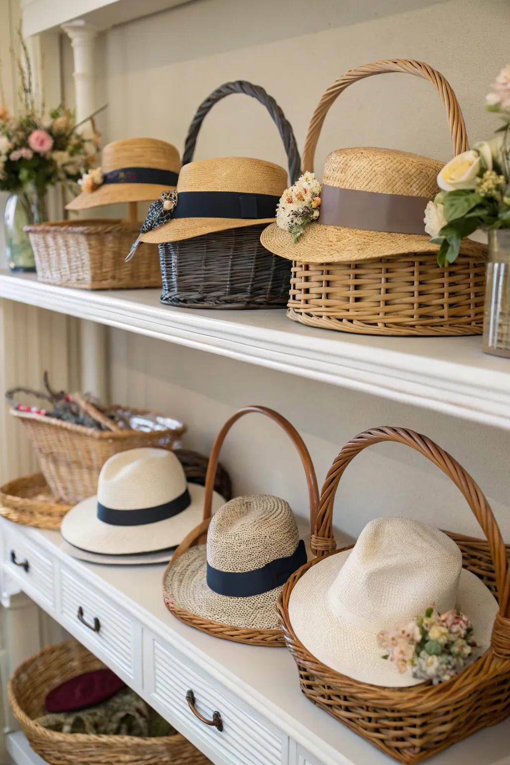 Hats stored in pretty baskets.