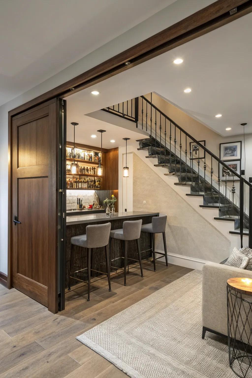 Gliding dividers conceal the bar, keeping it unobtrusive.