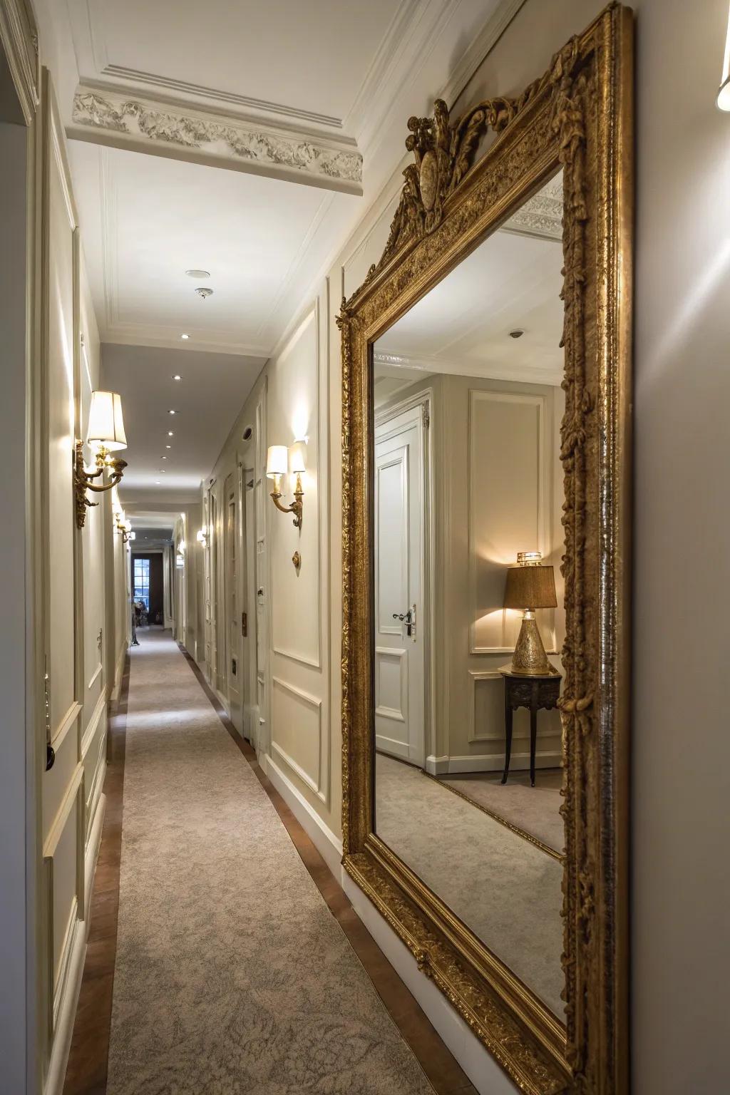A corridor where a secret entrance is disguised as a large mirror.