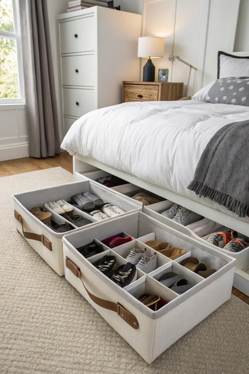 Under-the-bed storage keeps shoes organized and out of sight.