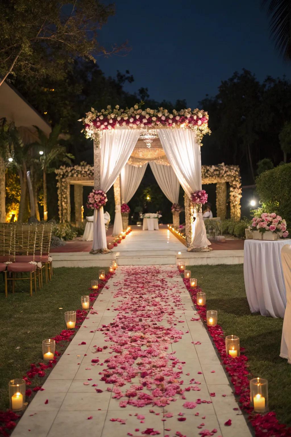 Welcoming entrances leading to the mandap with petals and cloths.