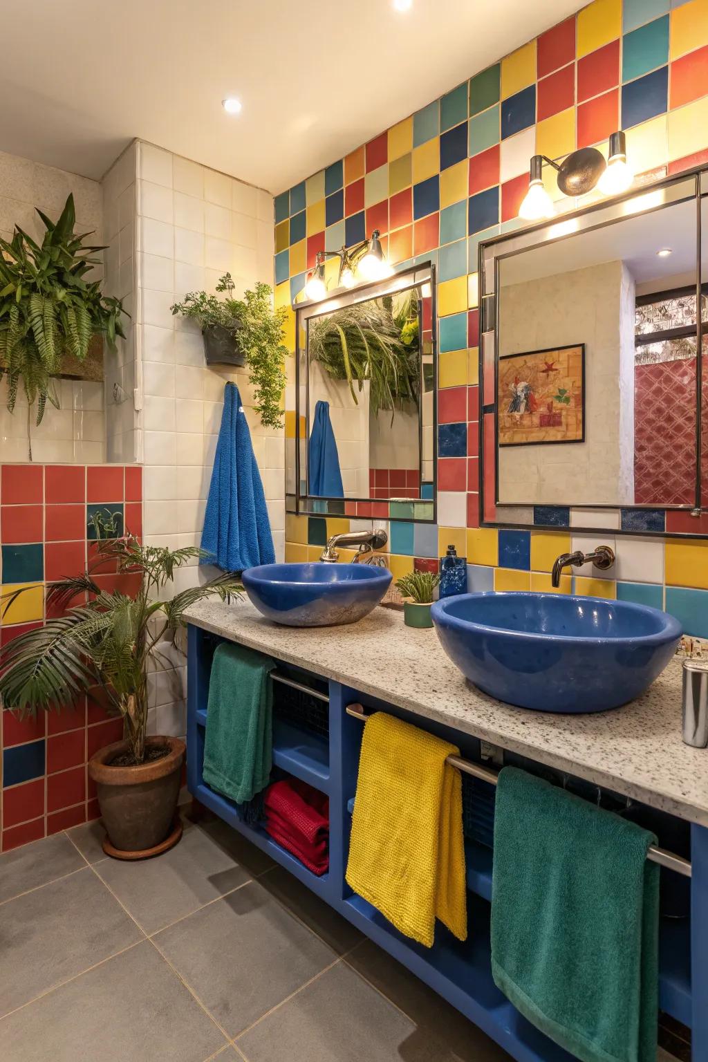 A bathroom featuring strong tints and vibrant design elements.