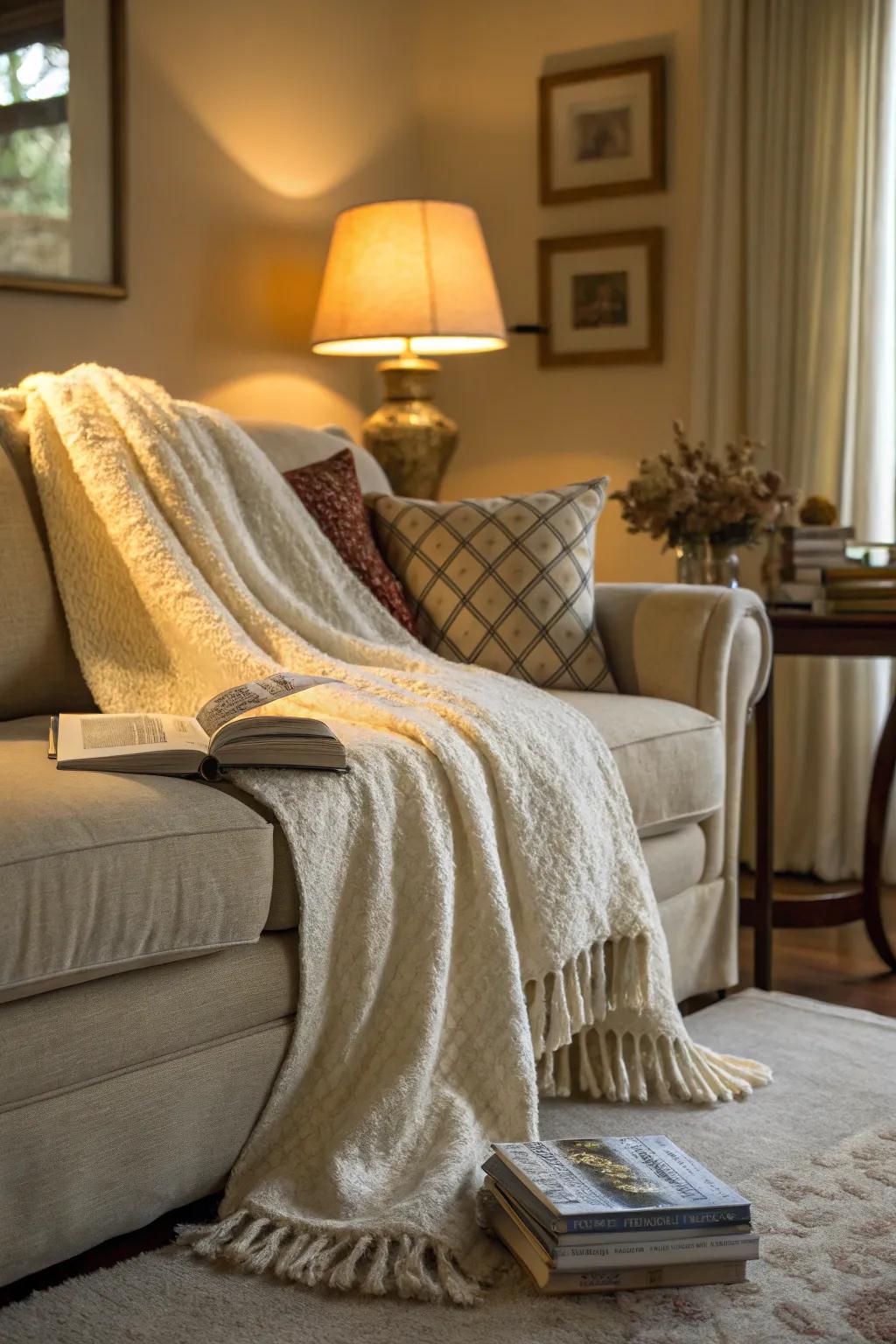 A soft throw draped over a sofa, adding warmth and comfort to the room.