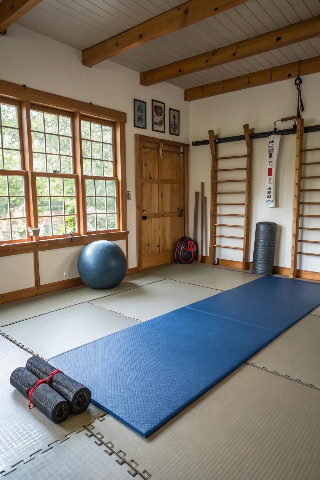 A multi-purpose dojo is adaptable to various fitness routines.