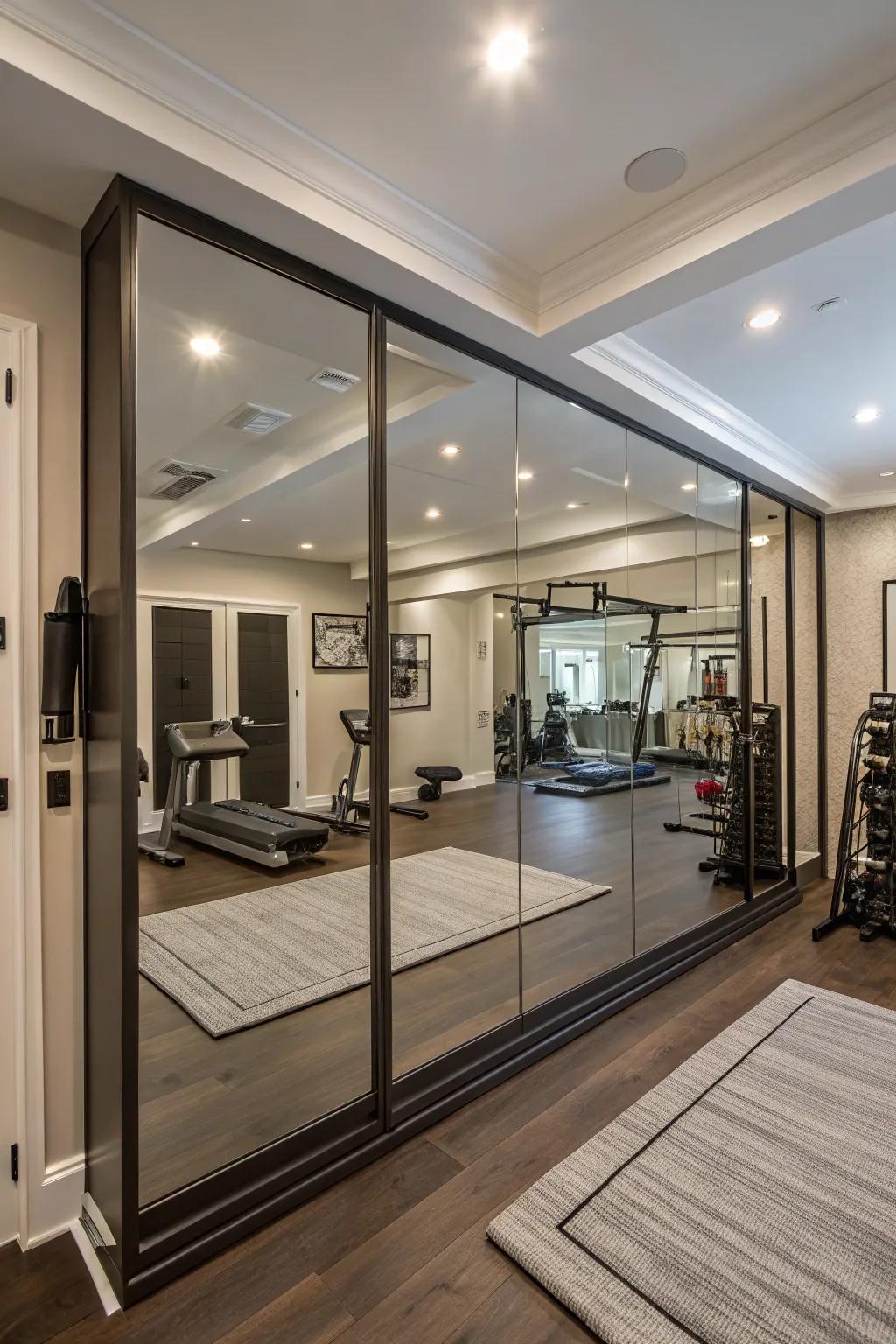 Segmented mirror panels add a unique design to this gym.