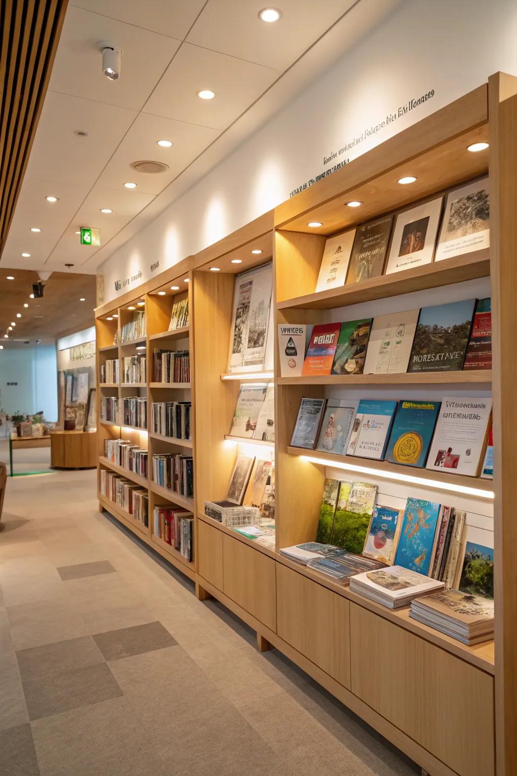 Shelving for open display permits effortless access to materials while contributing an aesthetic touch.