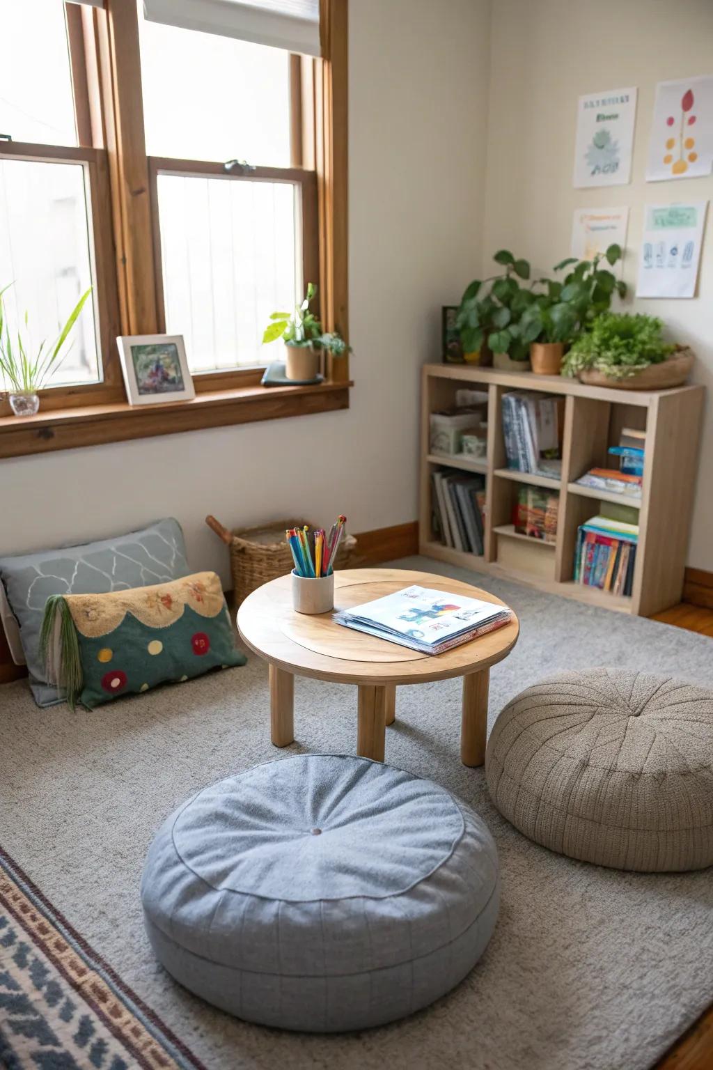 Flexible seating provides comfort and flexibility in compact homeschool spaces.