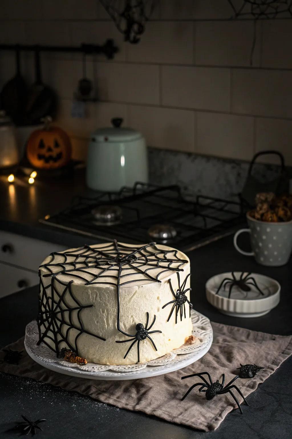 A cobwebbed cake that's a delectable fright.