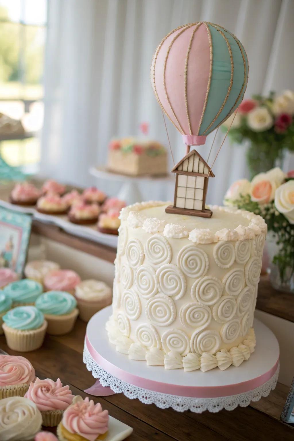 An attractive pastry decorated with a hot air balloon ornament.