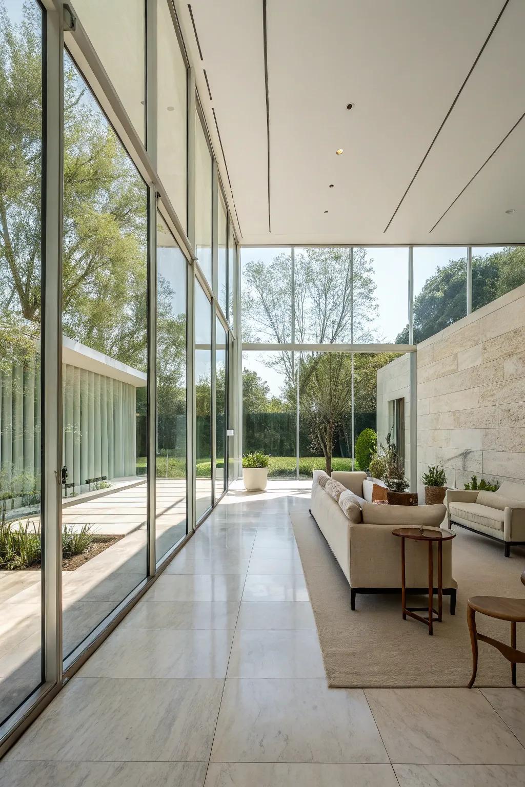 A contemporary interior featuring glass walls that amplify the feeling of spaciousness.
