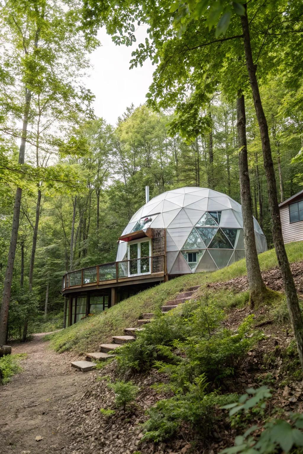 A geodesic residence delivering a unique outline amidst the trees.