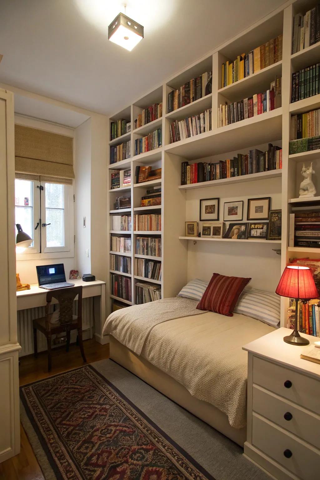 Ample vertical shelving maximizes space in a small room.