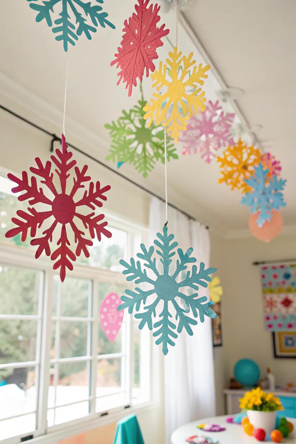 Introduce a splash of color to your decor using vibrant snowflakes.