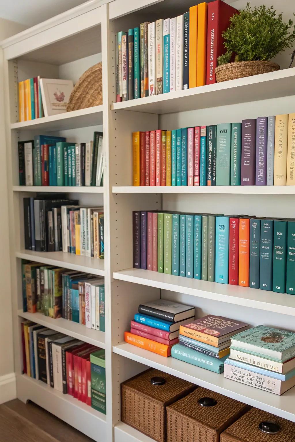 Neatly organized bookshelf with optimized space.