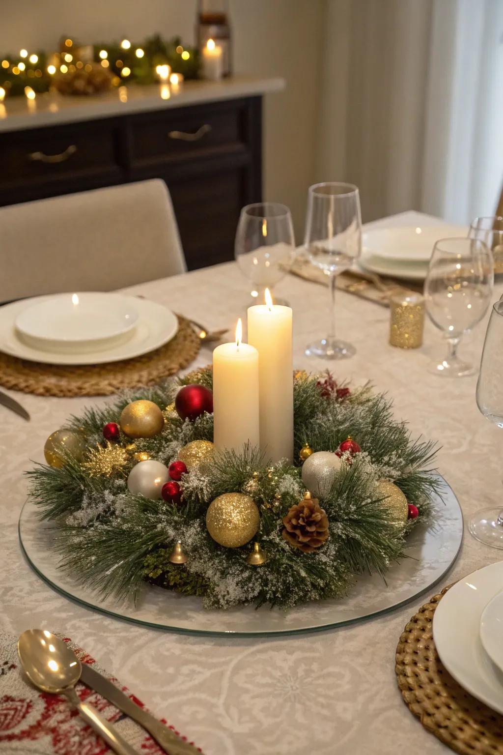A festive dining table centerpiece showcasing sparkle ribbon.