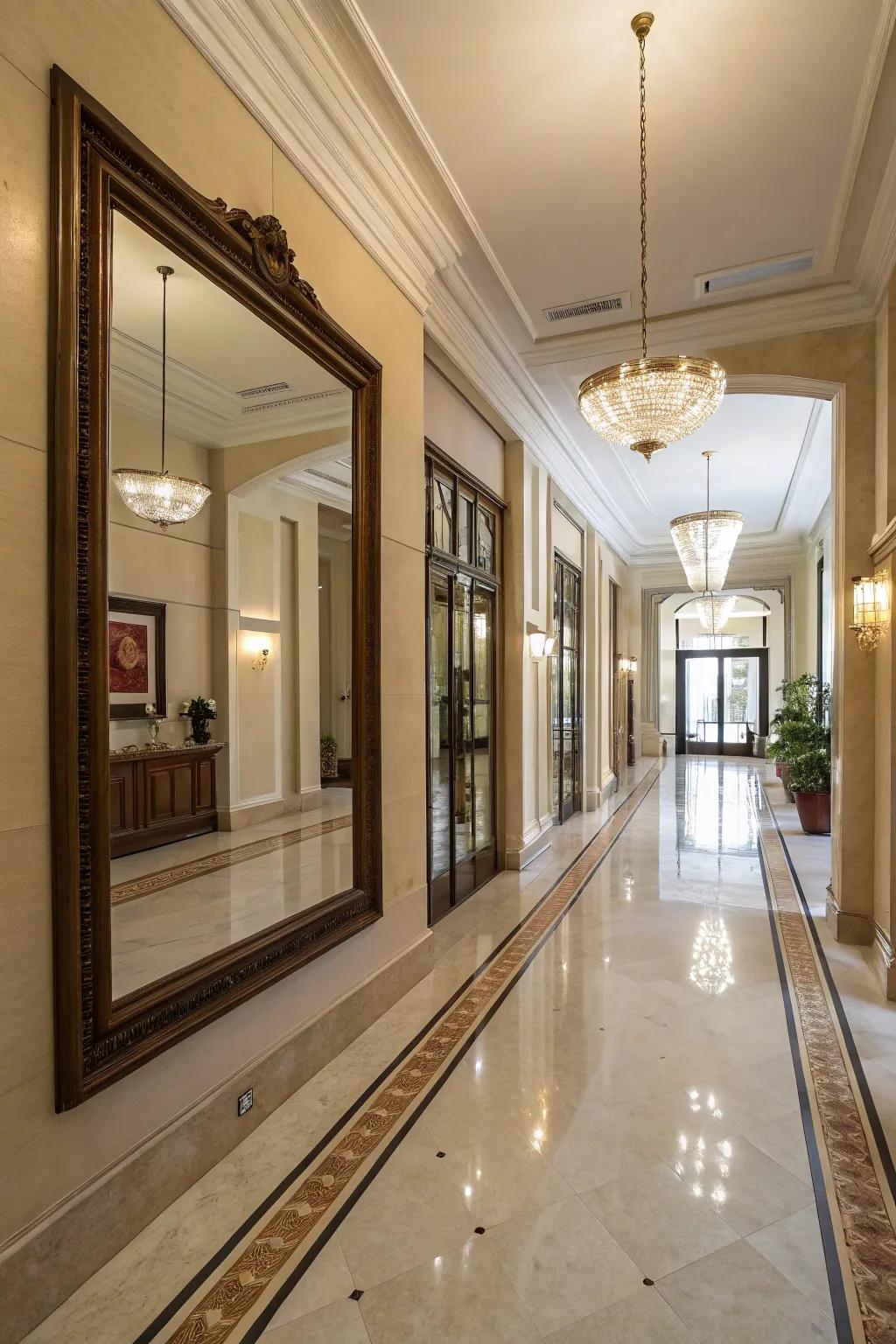 A hallway that appears larger thanks to a strategically placed mirror.