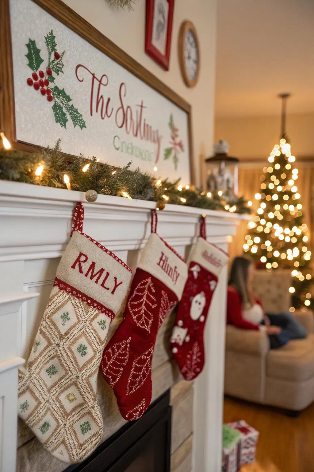 Ornamental boards contribute a personalized and festive element to displays of stockings.