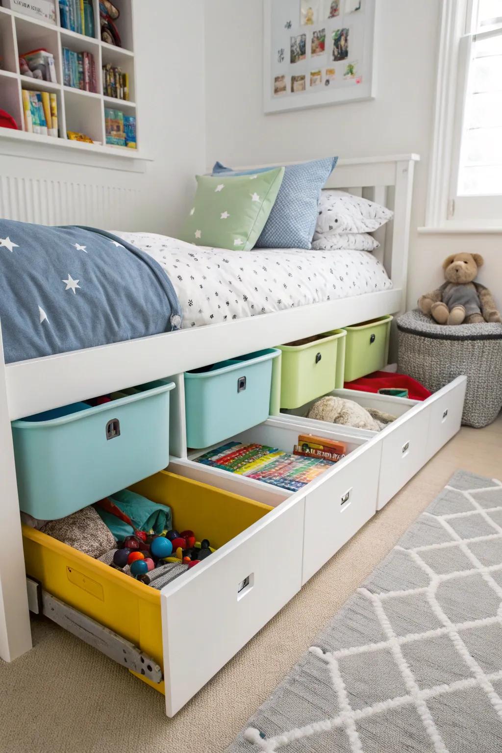Under-bed storage keeps less-used items out of sight yet accessible.