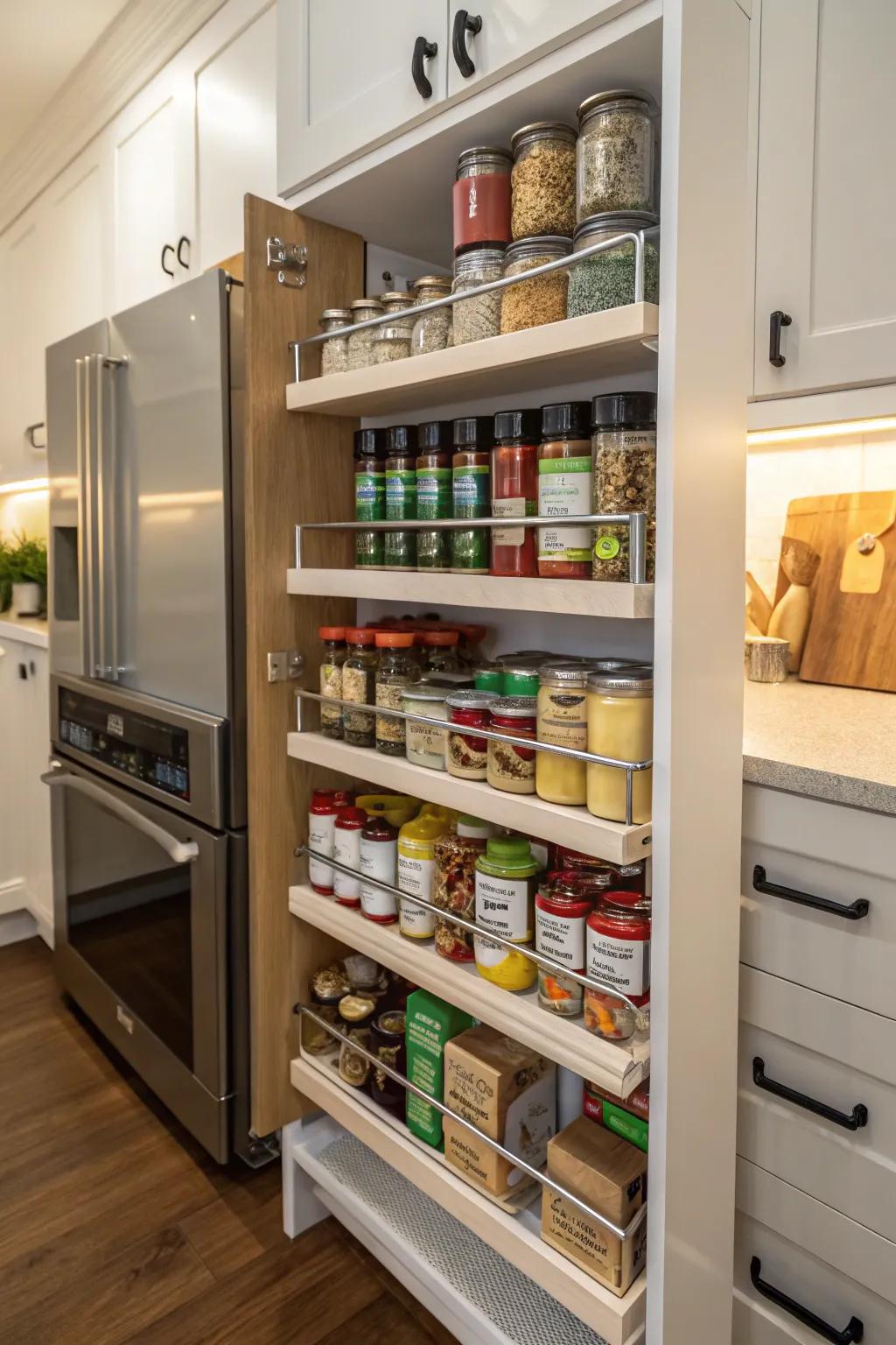 Shelving with tiers enhances both visibility and organization.