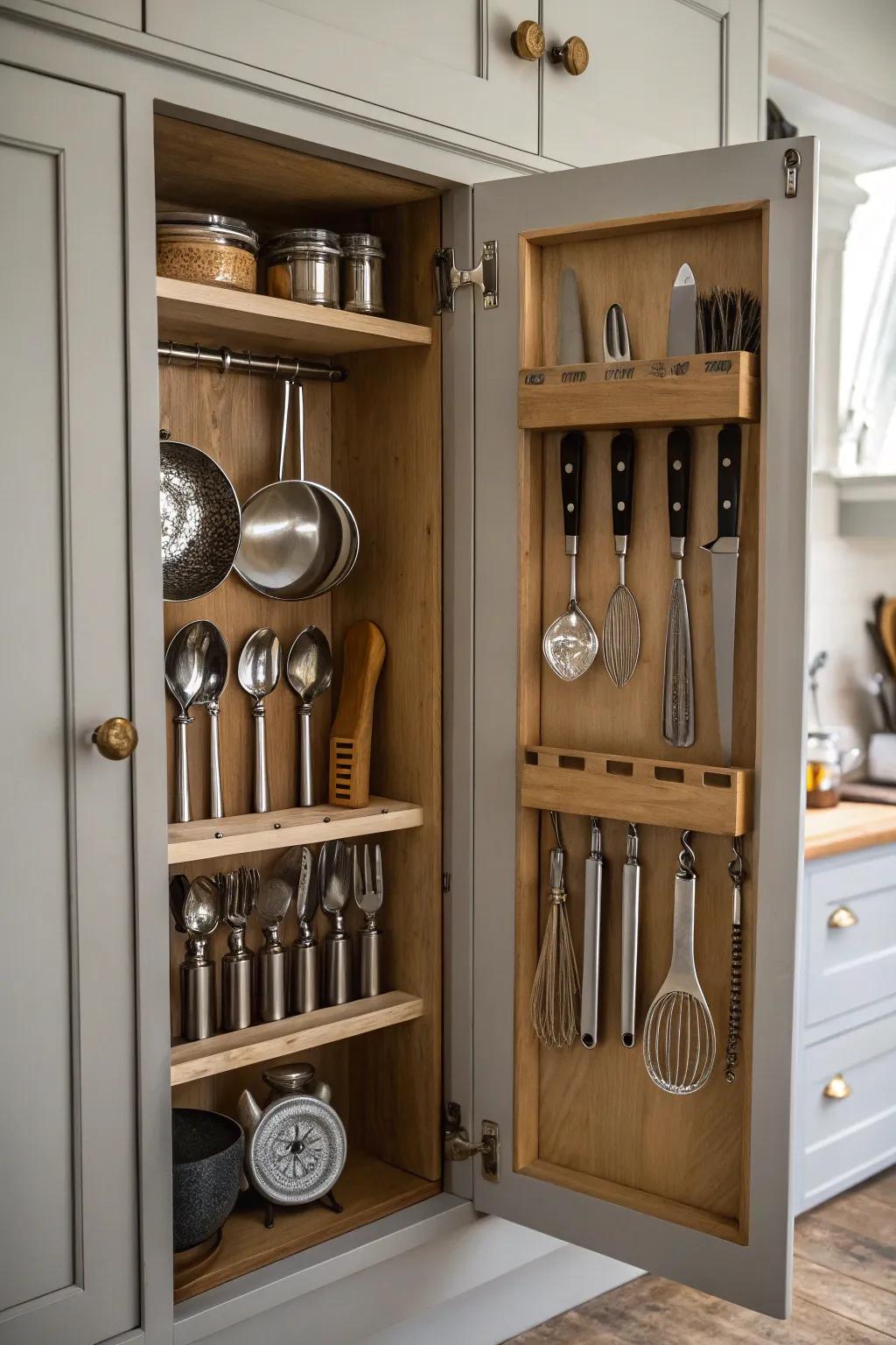 Organization on cabinet doors that takes advantage of unused areas.