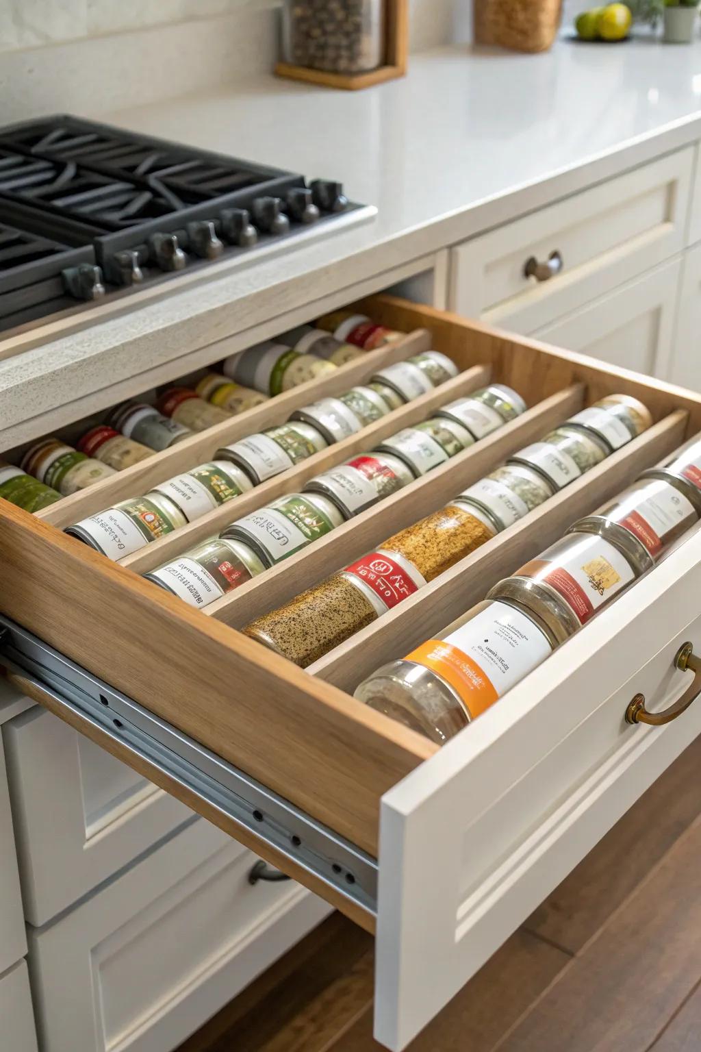 Compartment trays ensure spices are neatly stored.