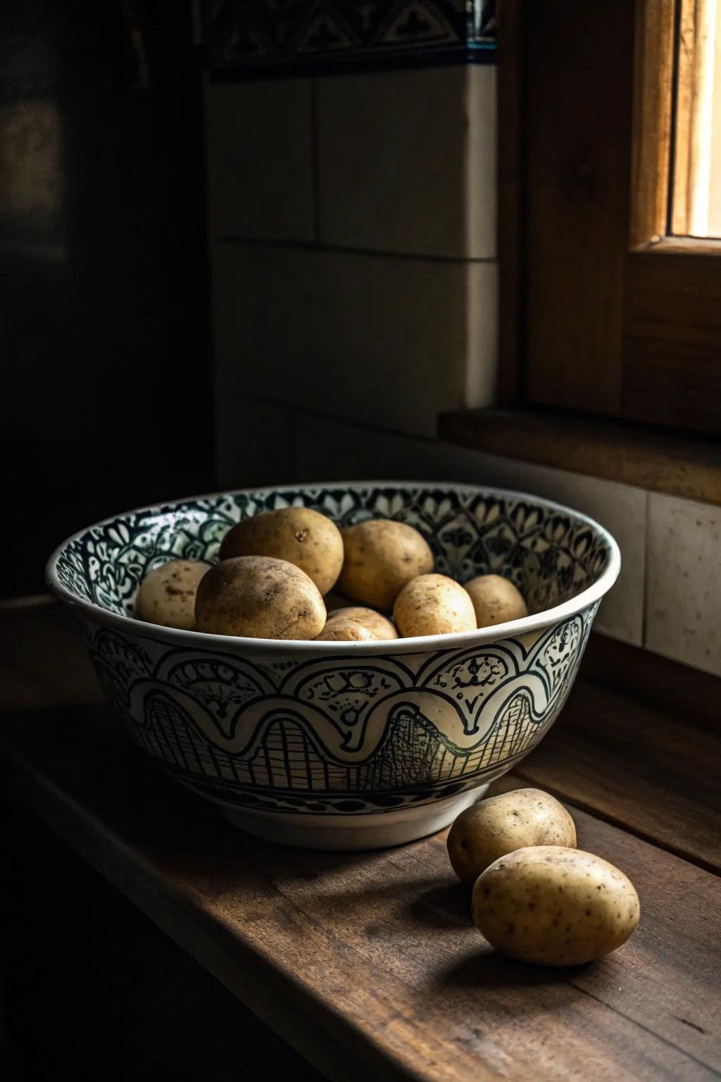 Stylish spud arrangement in a ceramic bowl.