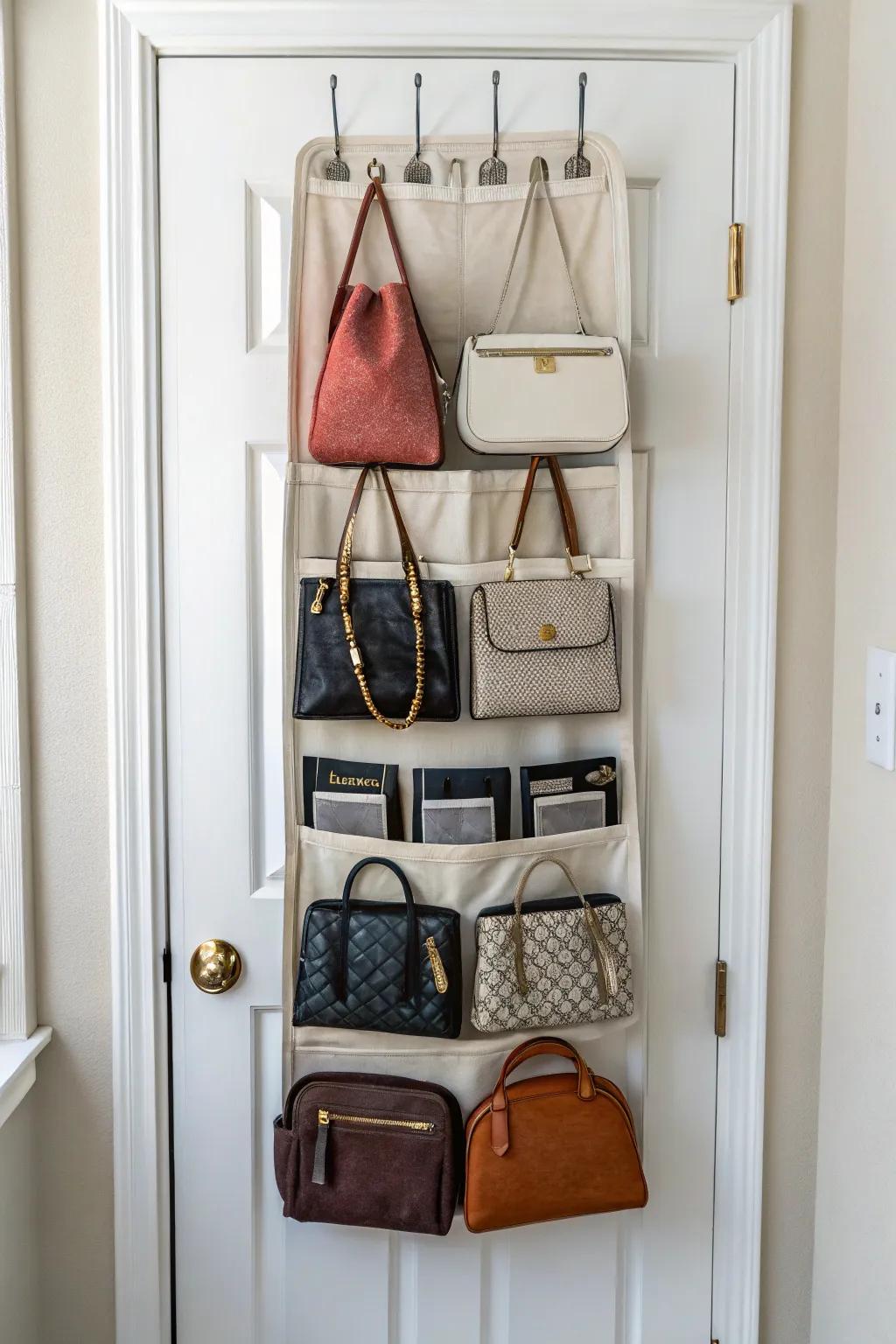 An over-the-door organizer efficiently storing handbags in a small space.