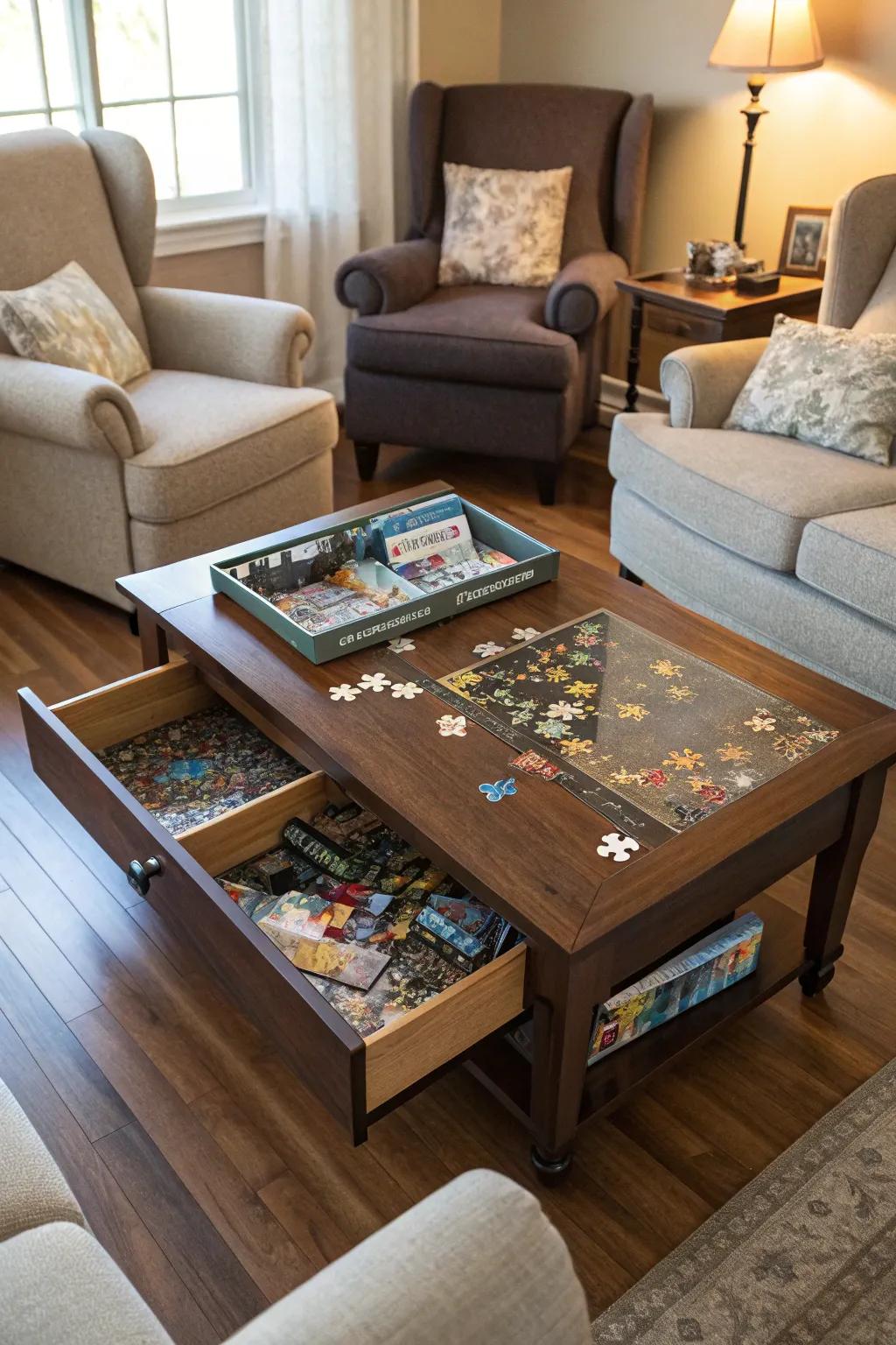 A table providing both work and storage space for puzzles.