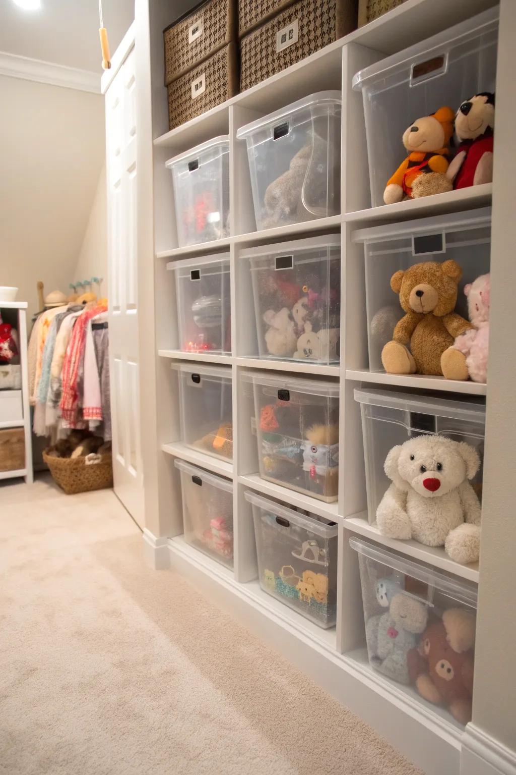 See-through containers maintain soft companions arranged and noticeable.
