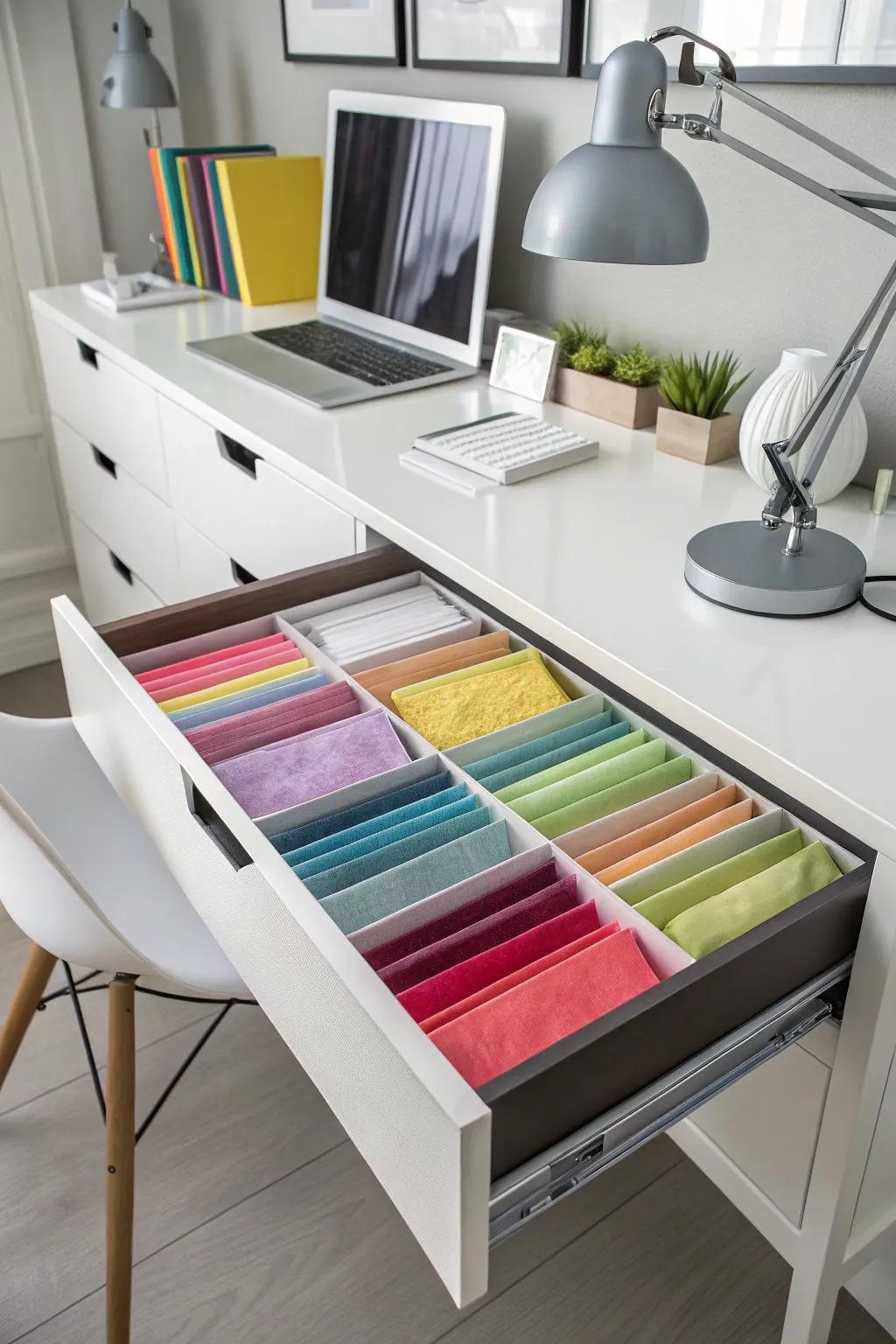 Drawer separators provide organized and easy access to crepe paper.