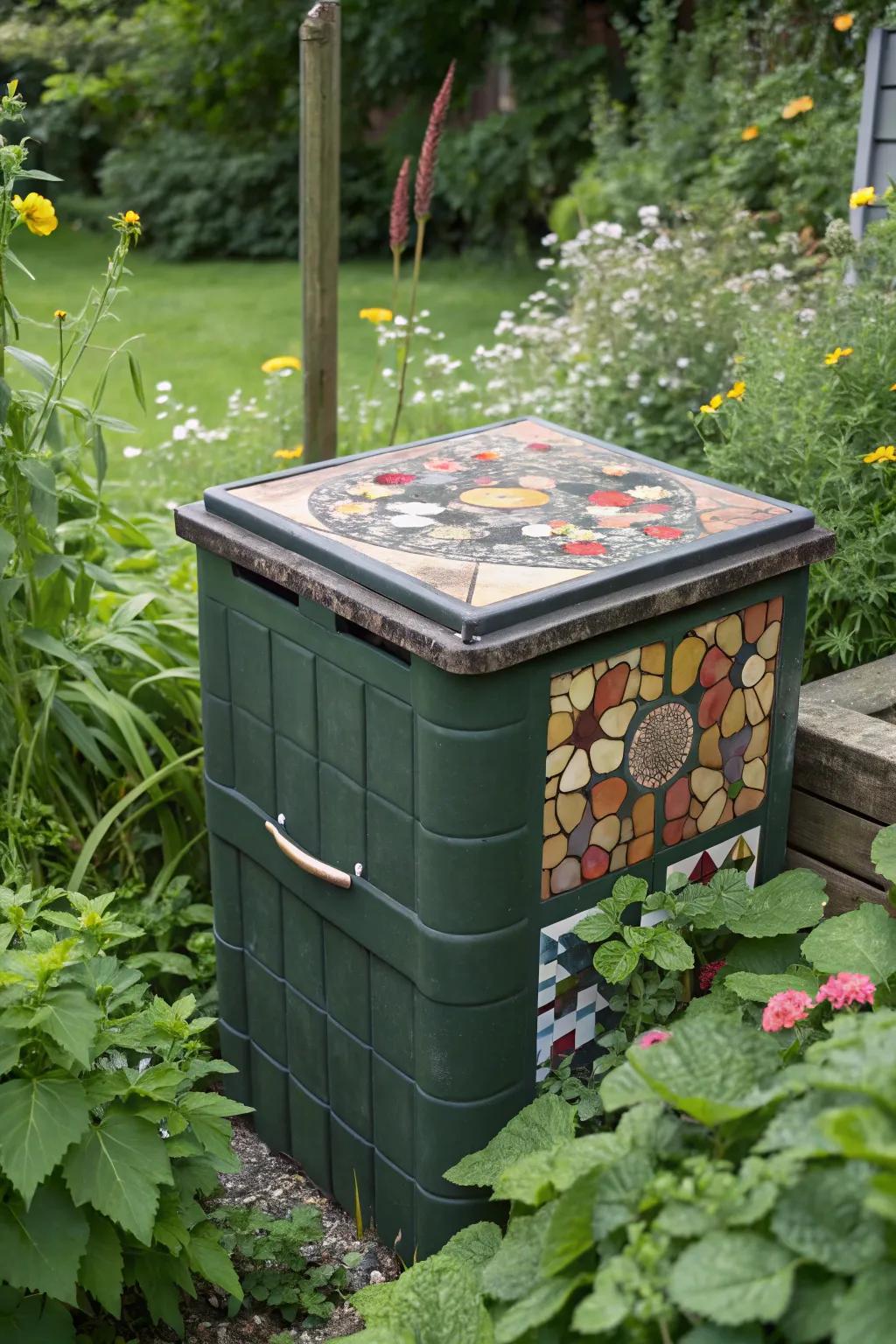 This compost bin has a decorative mosaic top, which gives the garden more character.