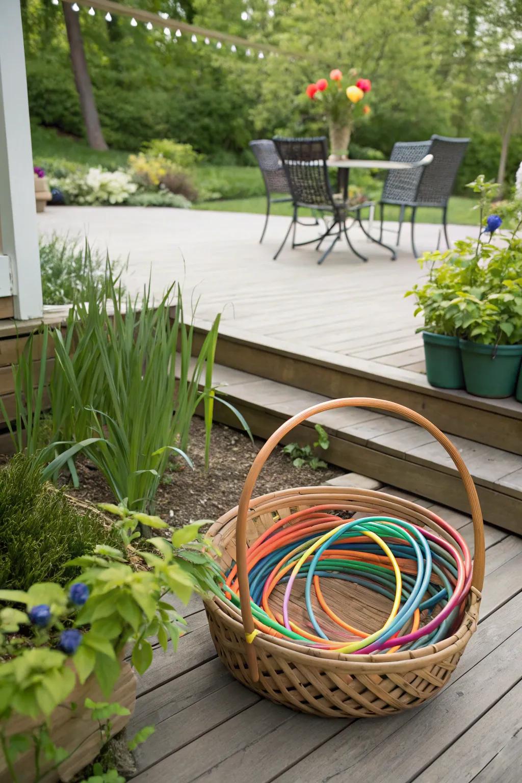 A large basket packed with hula hoops, offering a playful and functional storage remedy on a patio.