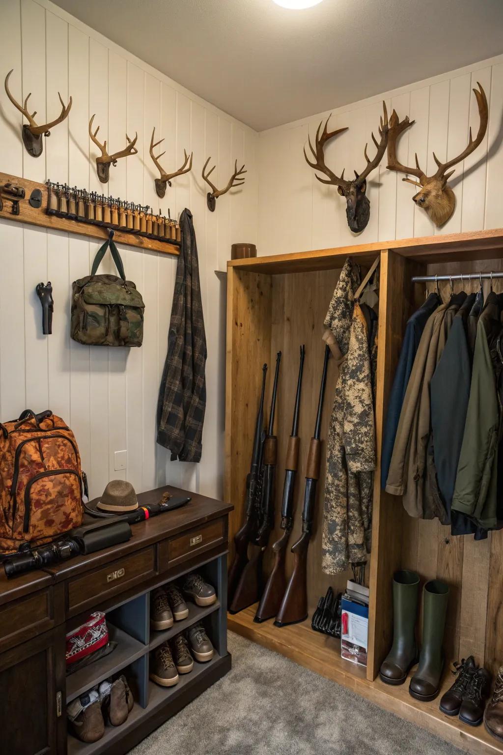 Decorative elements add personality to the storage space.