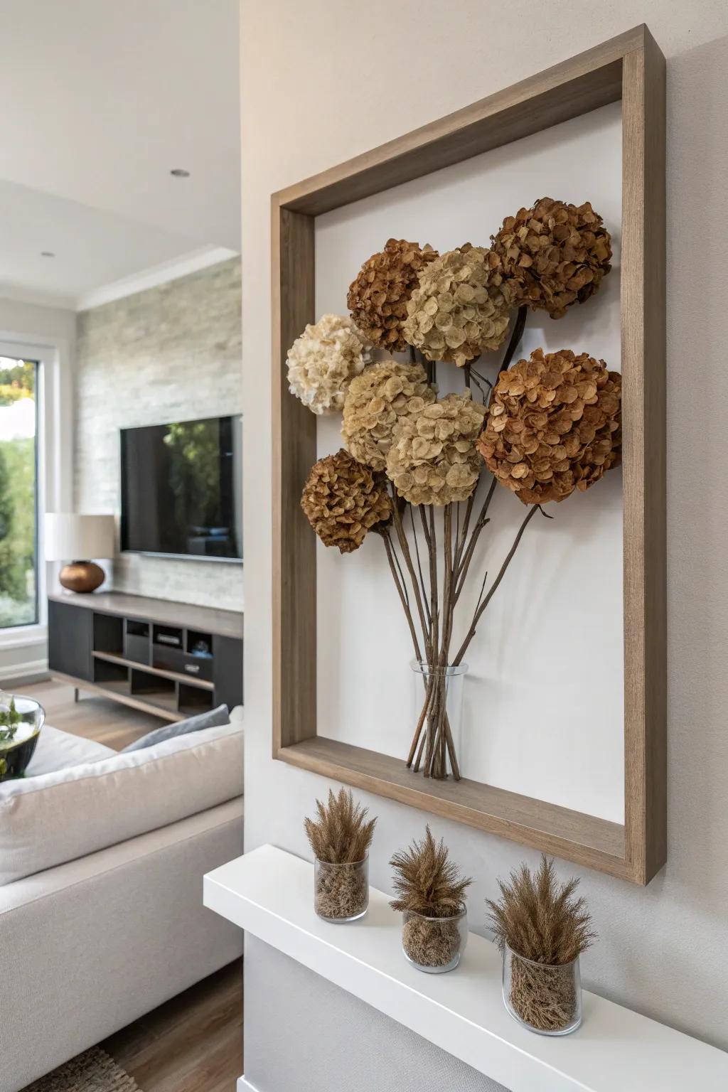 Preserved hydrangeas transformed into captivating wall decor.