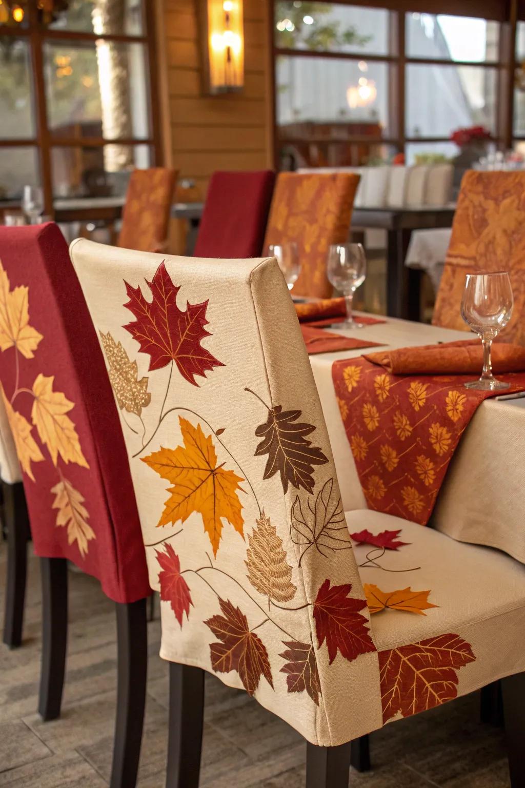 Holiday flair with autumn-themed seating covers.