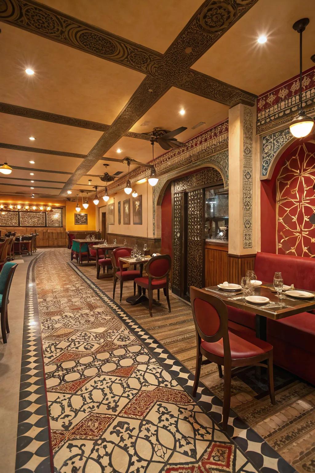 The unique patterned flooring complements the restaurant's design.
