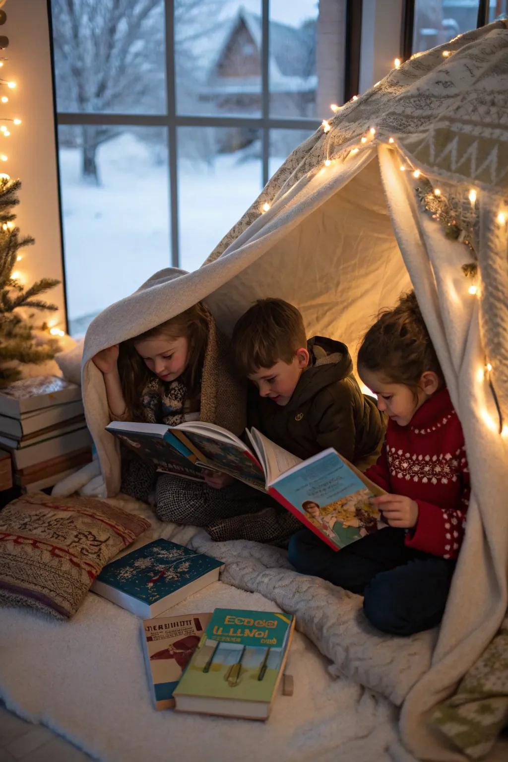 Children appreciating winter-inspired narratives within snug cozy sanctuaries.