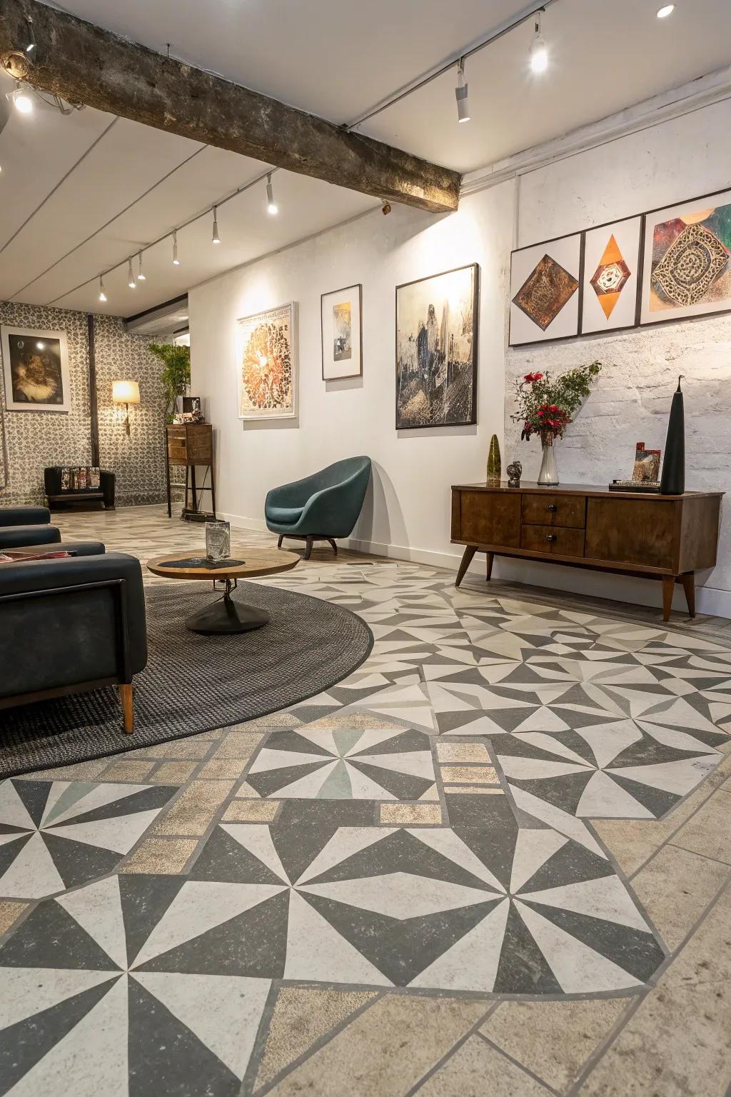 Geometric patterns add visual excitement to concrete floors.